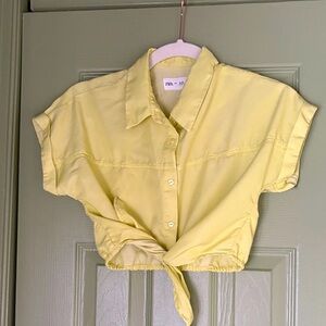 Zara Chartreuse Button-Down Tie-Front Shirt